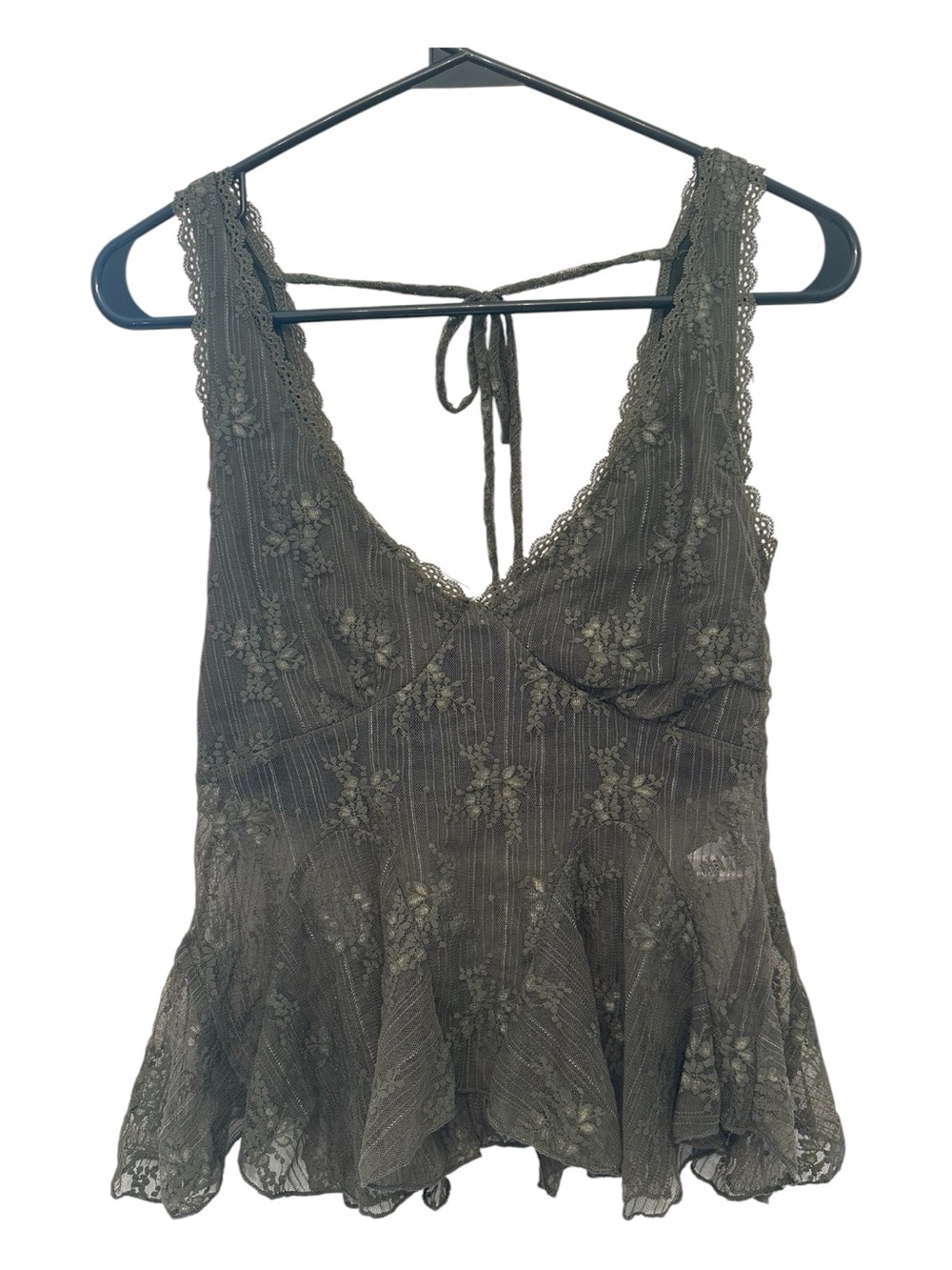 Late Y2K Electric Behavior Olive Lace Boho V-Neck Peplum Tank XS
